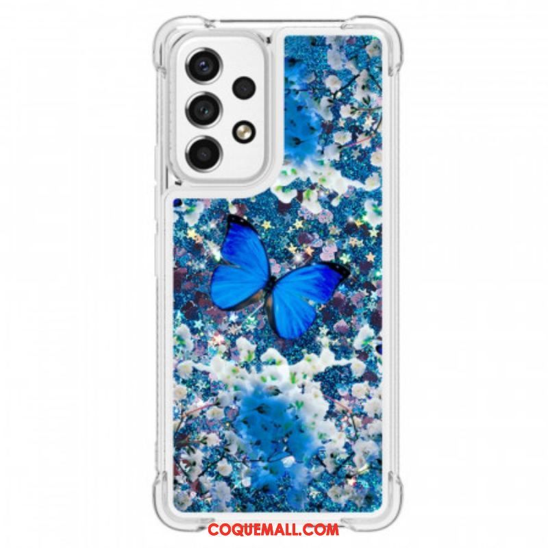 Coque Samsung Galaxy A53 5G Papillons Bleus Paillettes