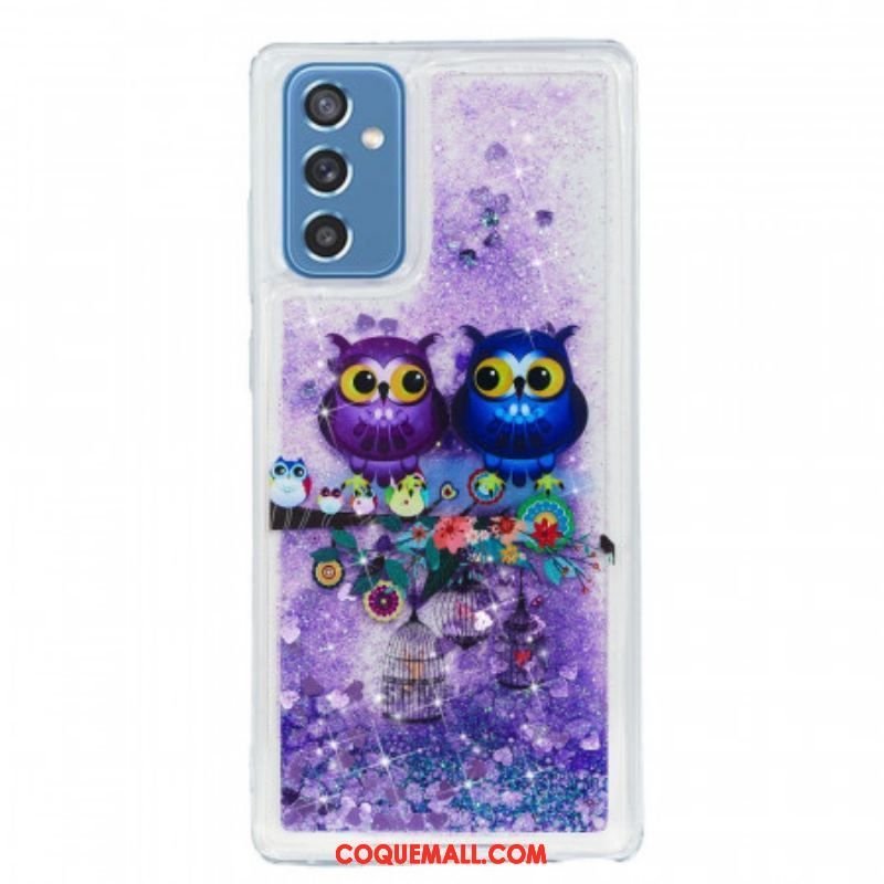 Coque Samsung Galaxy M52 5G Couple de Hiboux Violets