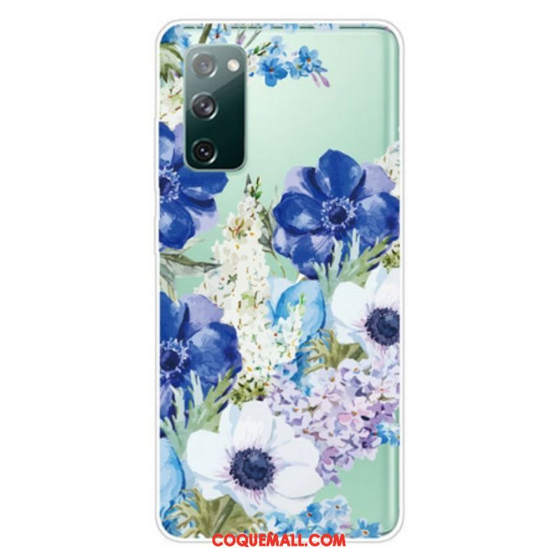 Coque Samsung Galaxy S20 FE Transparente Fleurs Bleues Aquarelle