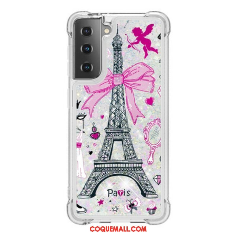 Coque Samsung Galaxy S21 5G La Tour Eiffel Paillettes