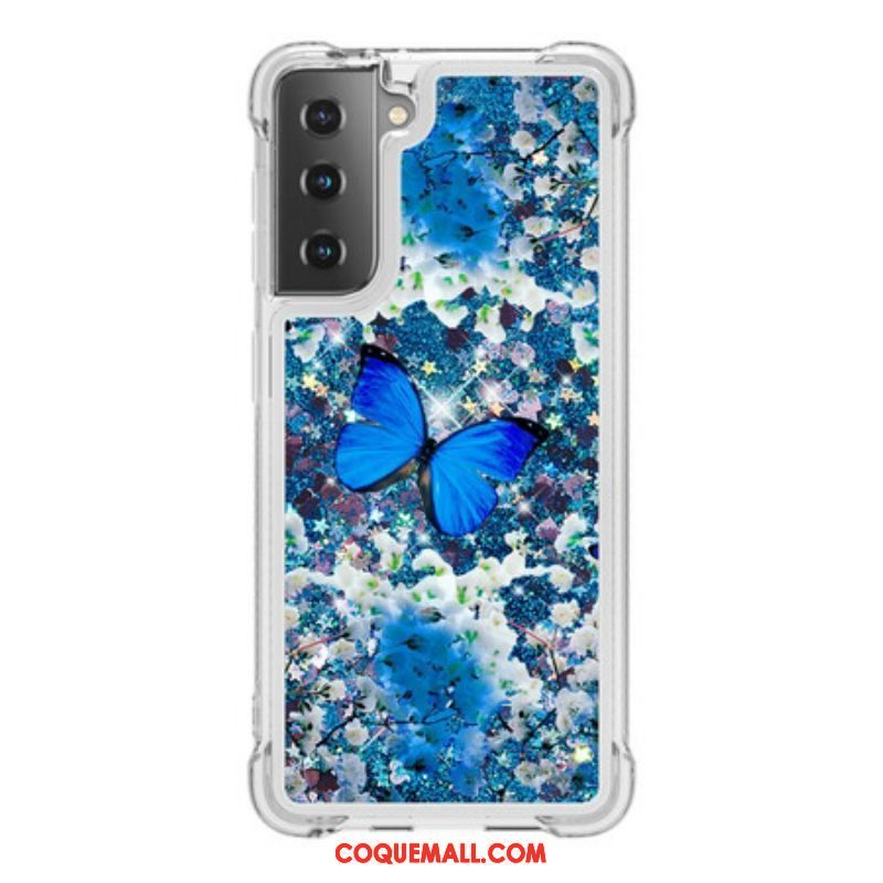 Coque Samsung Galaxy S21 5G Papillons Bleus Paillettes