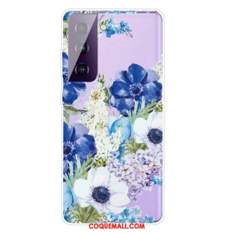 Coque Samsung Galaxy S21 FE Fleurs Bleues Aquarelle