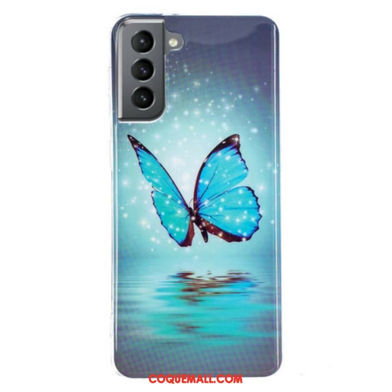 Coque Samsung Galaxy S21 FE Papillon Bleu Fluorescente