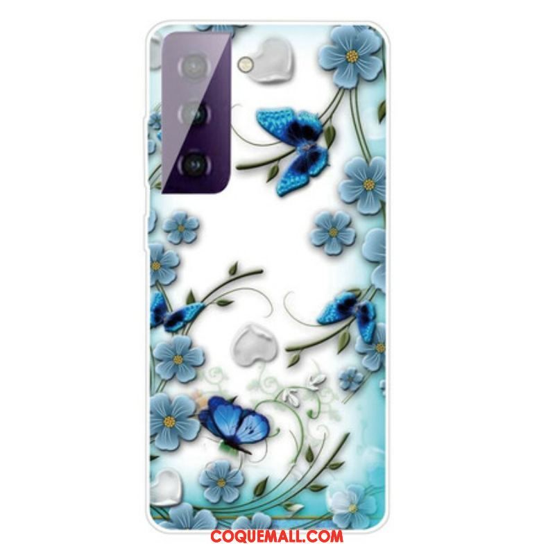 Coque Samsung Galaxy S21 FE Papillons et Fleurs Rétros