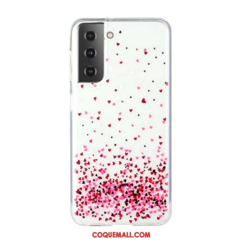 Coque Samsung Galaxy S21 Plus 5G Transparente Multiples Coeurs Rouges