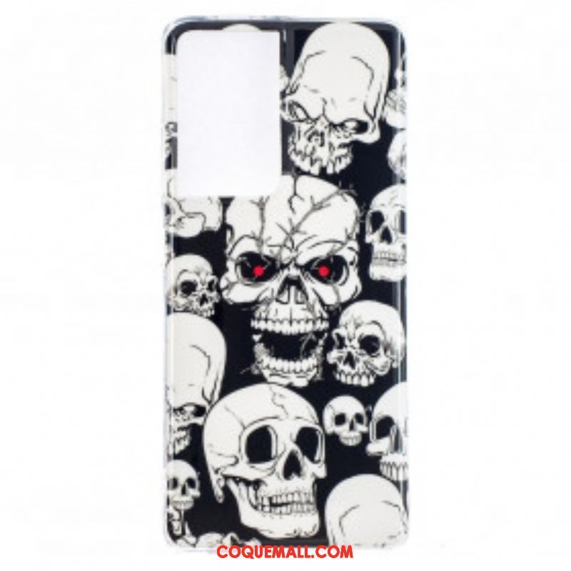 Coque Samsung Galaxy S21 Ultra 5G Attention Têtes de Mort Fluorescente