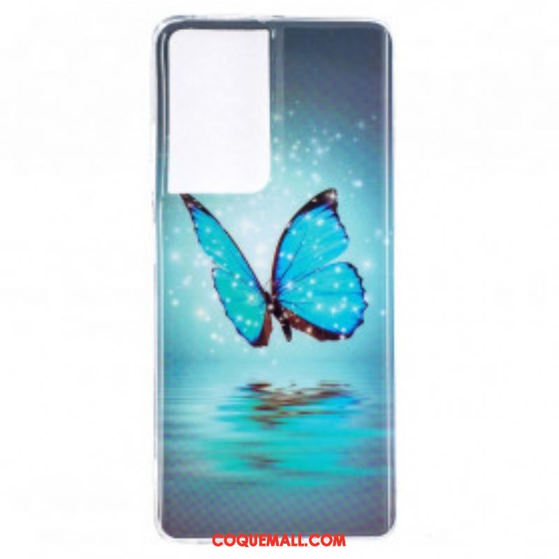 Coque Samsung Galaxy S21 Ultra 5G Papillon Bleu Fluorescente