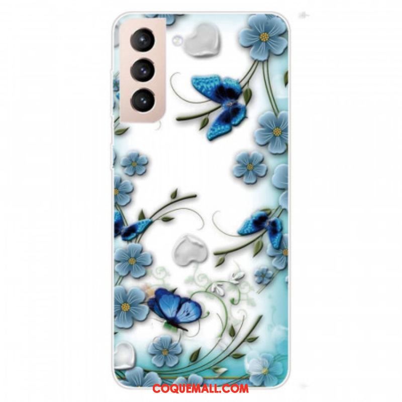 Coque Samsung Galaxy S22 Plus 5G Papillons et Fleurs Rétros