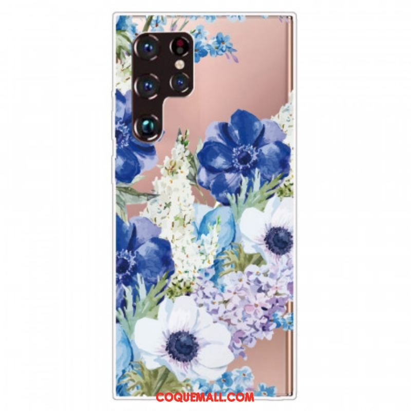 Coque Samsung Galaxy S22 Ultra 5G Fleurs Bleues Aquarelle