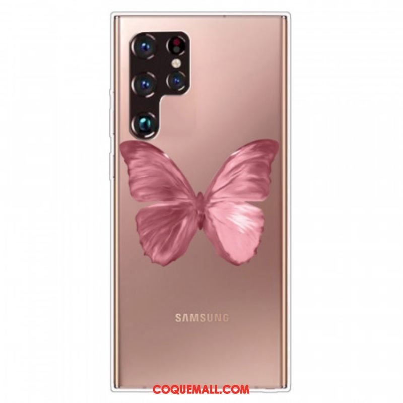 Coque Samsung Galaxy S22 Ultra 5G Flexible Papillon Rose