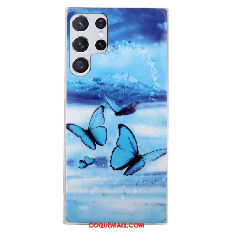 Coque Samsung Galaxy S22 Ultra 5G Papillons Bleus Fluorescente