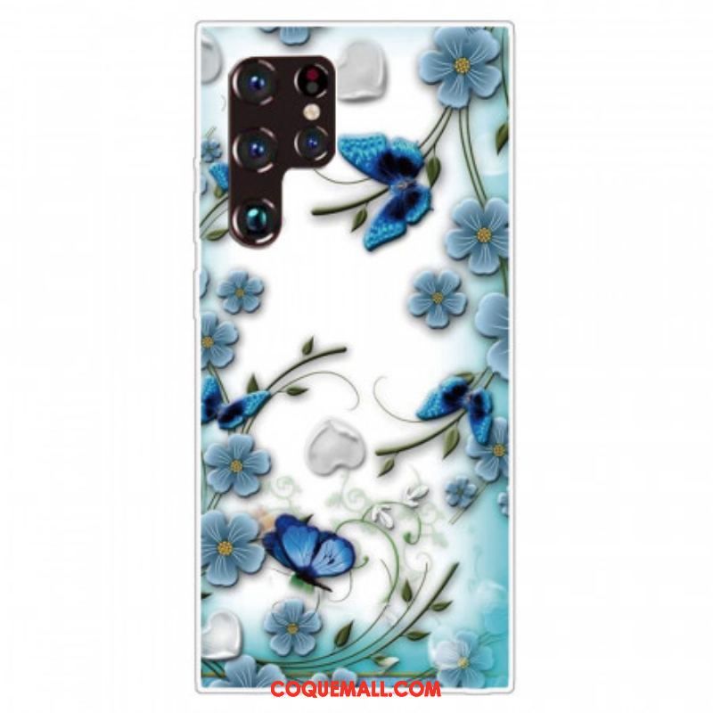 Coque Samsung Galaxy S22 Ultra 5G Papillons et Fleurs Rétros