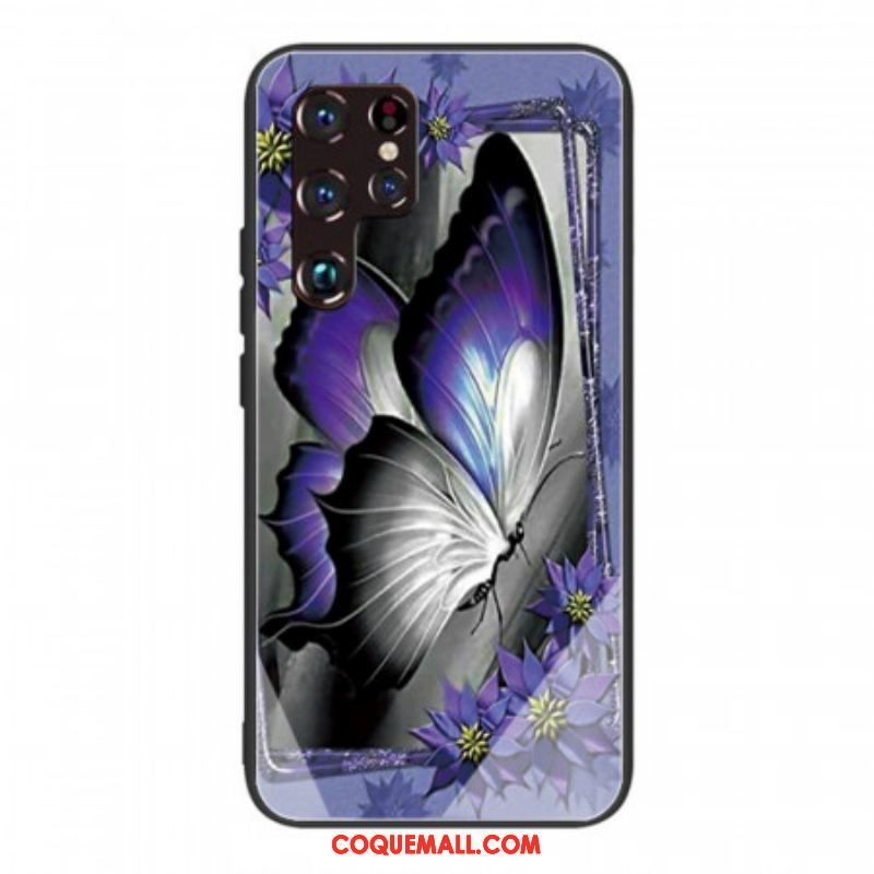 Coque Samsung Galaxy S22 Ultra 5G Verre Trempé Papillon Violet