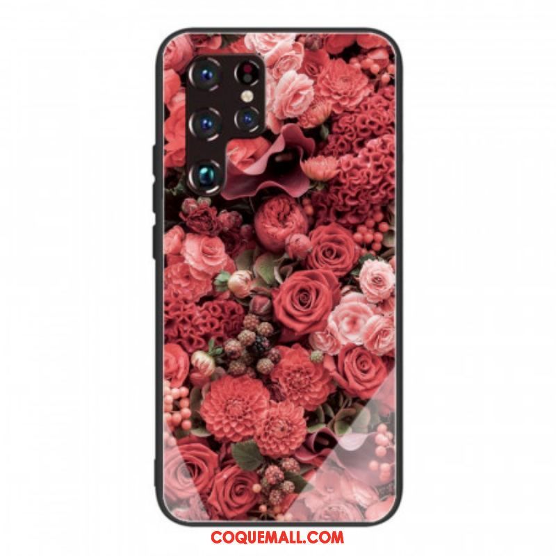 Coque Samsung Galaxy S22 Ultra 5G Verre trempé Fleurs Roses