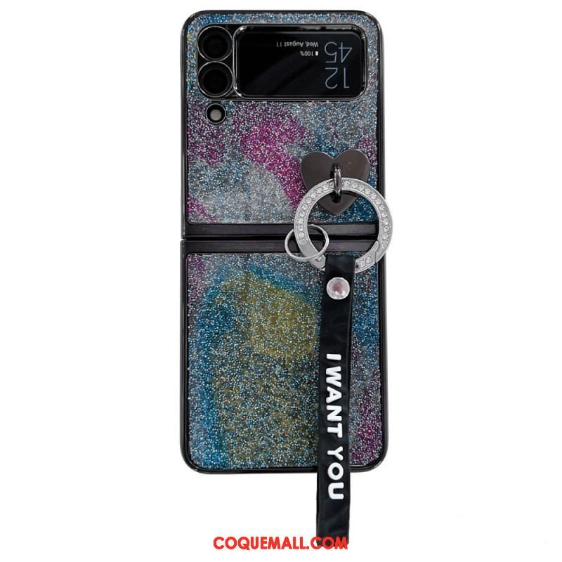 Coque Samsung Galaxy Z Flip 3 5G Paillettes, Breloques et Lanière