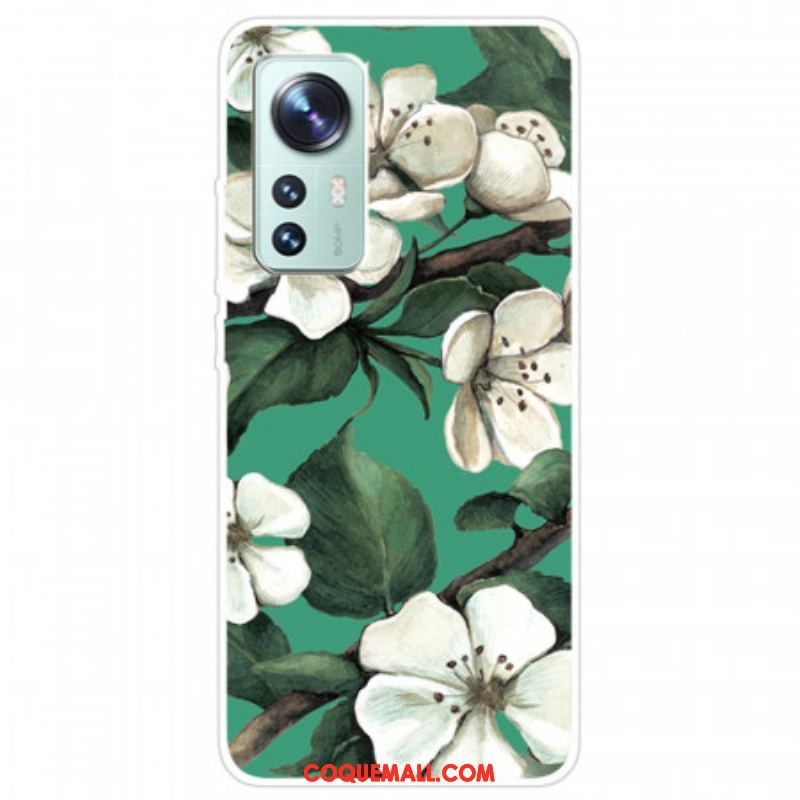 Coque Xiaomi 12 Pro Silicone Fleurs Blanches