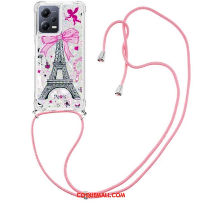 Coque Xiaomi Redmi Note 12/Poco X5 5G à Cordon Paillettes Tour Eiffel