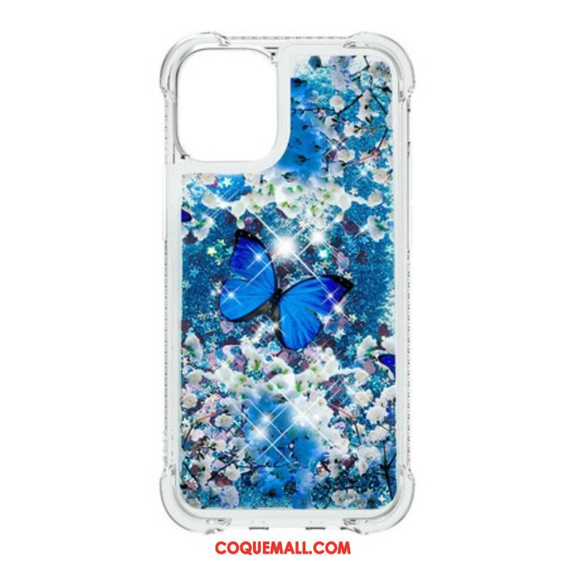 Coque iPhone 13 Mini Papillons Bleus Paillettes