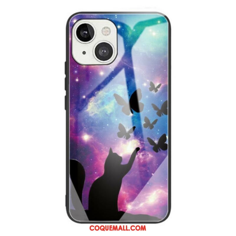 Coque iPhone 13 Mini Verre Trempé Chat et Papillons Dans l'Espace