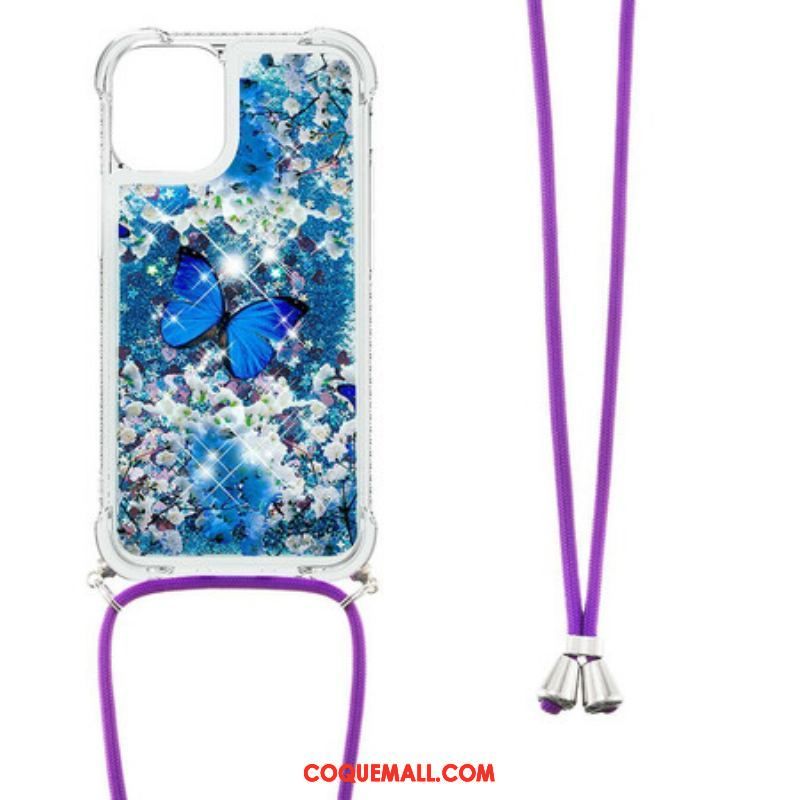 Coque iPhone 13 Mini à Cordon Paillettes Papillons