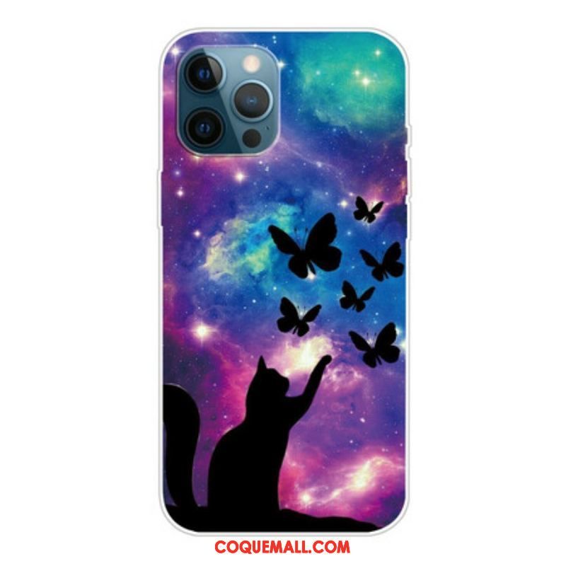 Coque iPhone 13 Pro Chat et Papillons Dans l'Espace