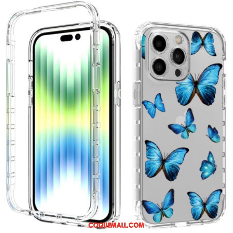 Coque iPhone 14 Pro Max Renforcée Papillons Bleus