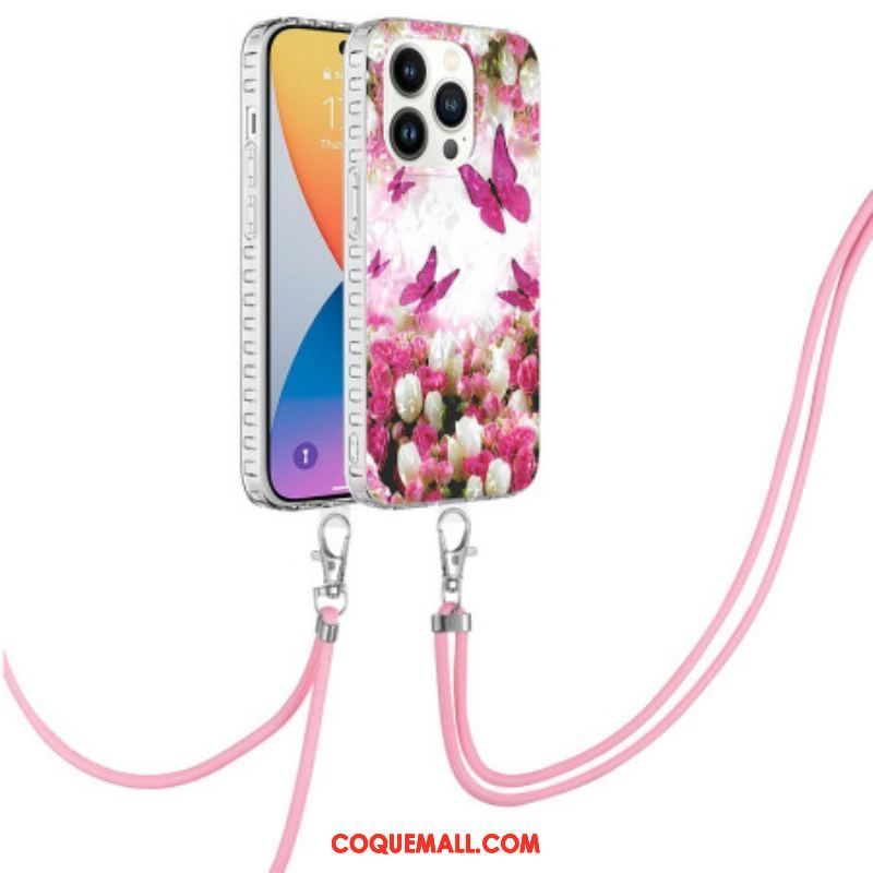 Coque iPhone 14 Pro à Cordon Papillons Stylés