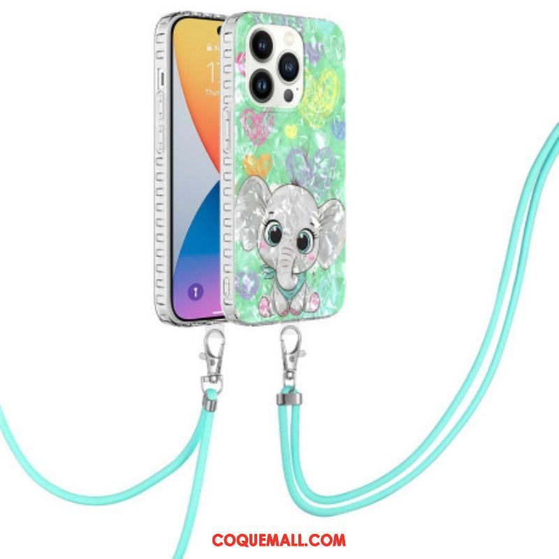 Coque iPhone 14 Pro à Cordon Éléphant Stylé