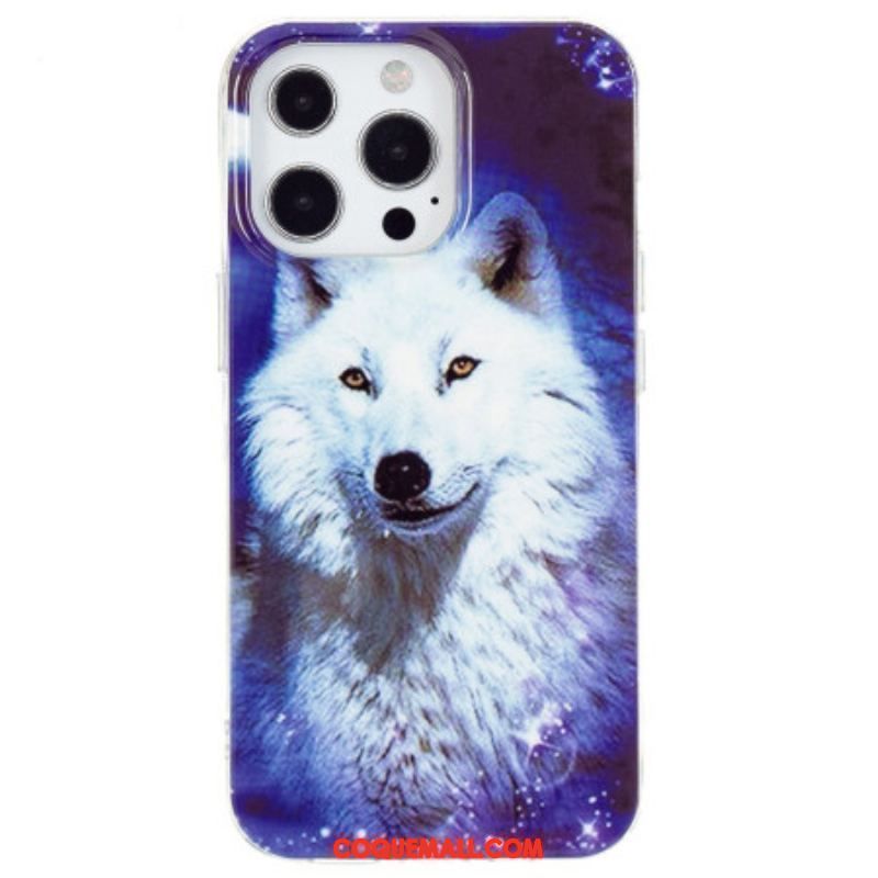 Coque iPhone 15 Pro Fluorescente Loup Blanc