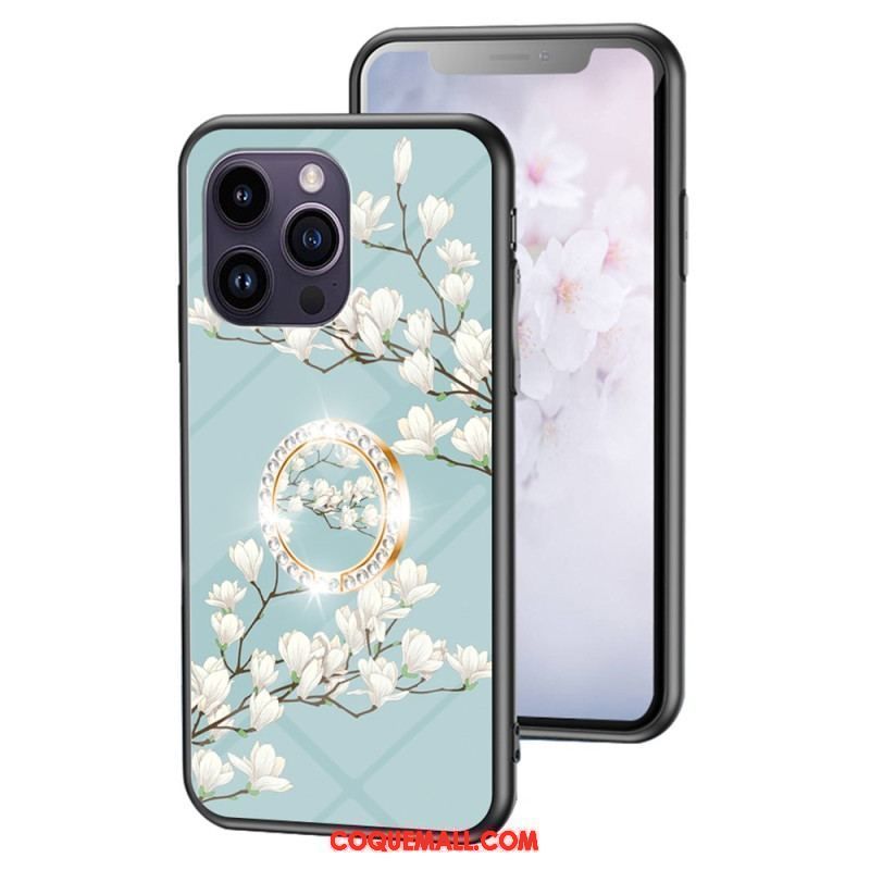 Coque iPhone 15 Pro Max Verre Trempé Floral avec Anneau-Support