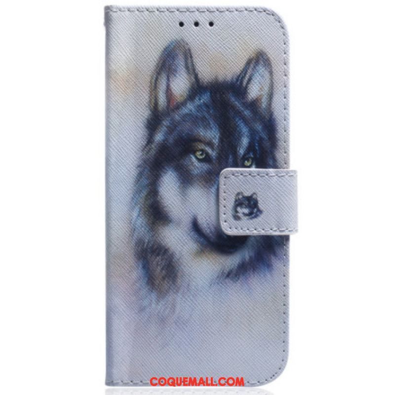 Housse Moto G73 5G Loup Aquarelle à Lanière