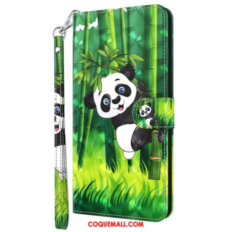 Housse Oppo A54 5G / A74 5G Panda et Bambou à Lanière