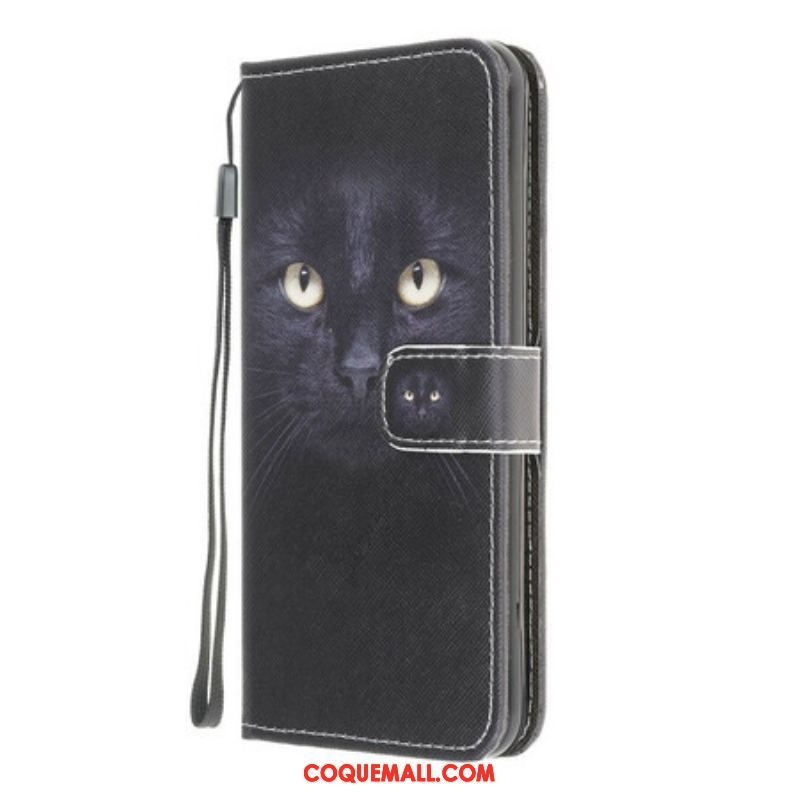 Housse Samsung Galaxy A12 / M12 Yeux de Chat Noir à Lanière