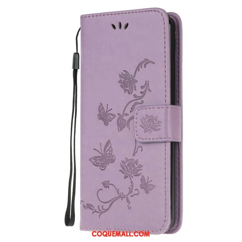 Housse Samsung Galaxy M21 Papillons Et Fleurs À Lanière