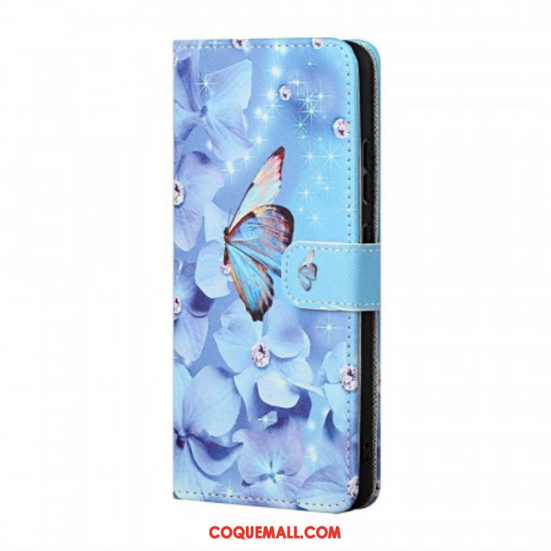 Housse Samsung Galaxy M23 5G Papillons Diamants à Lanière