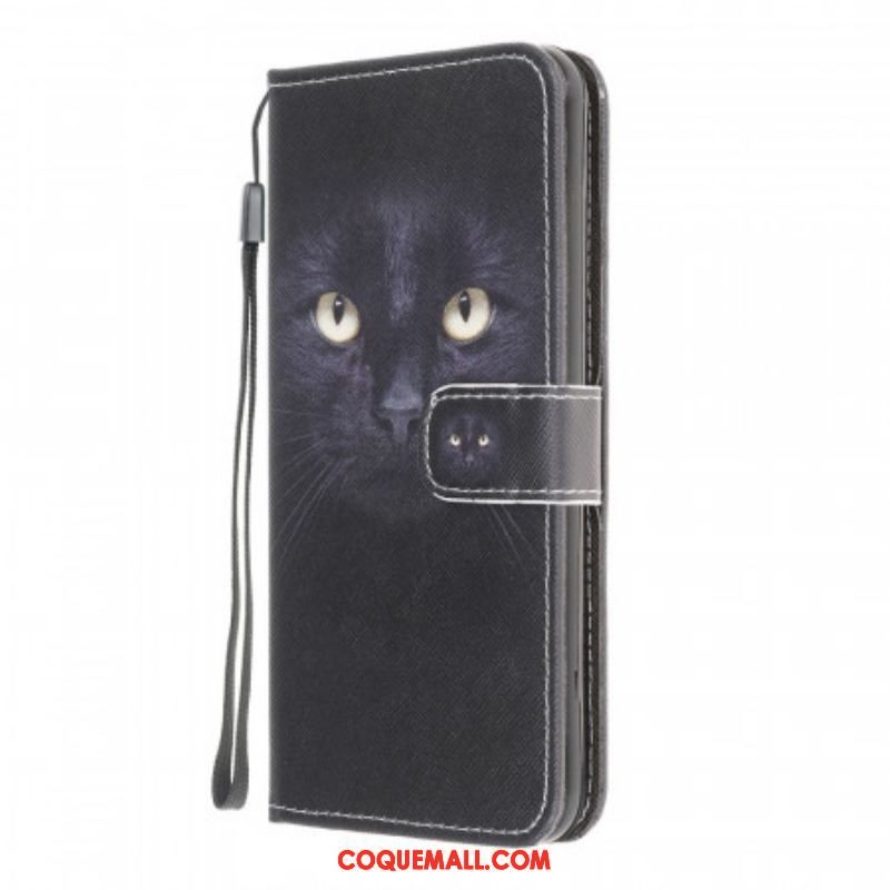 Housse Samsung Galaxy M32 Yeux de Chat Noir à Lanière