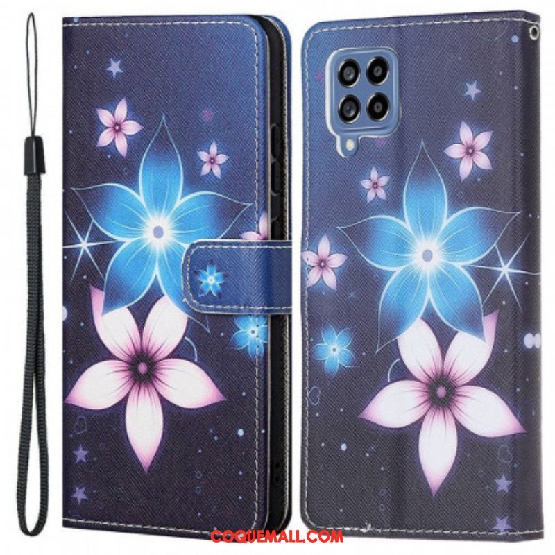 Housse Samsung Galaxy M53 5G Fleurs Lunaires à Lanière