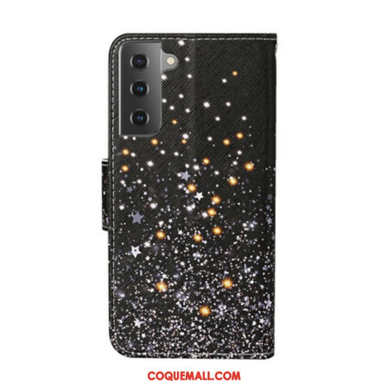 Housse Samsung Galaxy S21 Plus 5G Étoiles et Paillettes avec Lanière