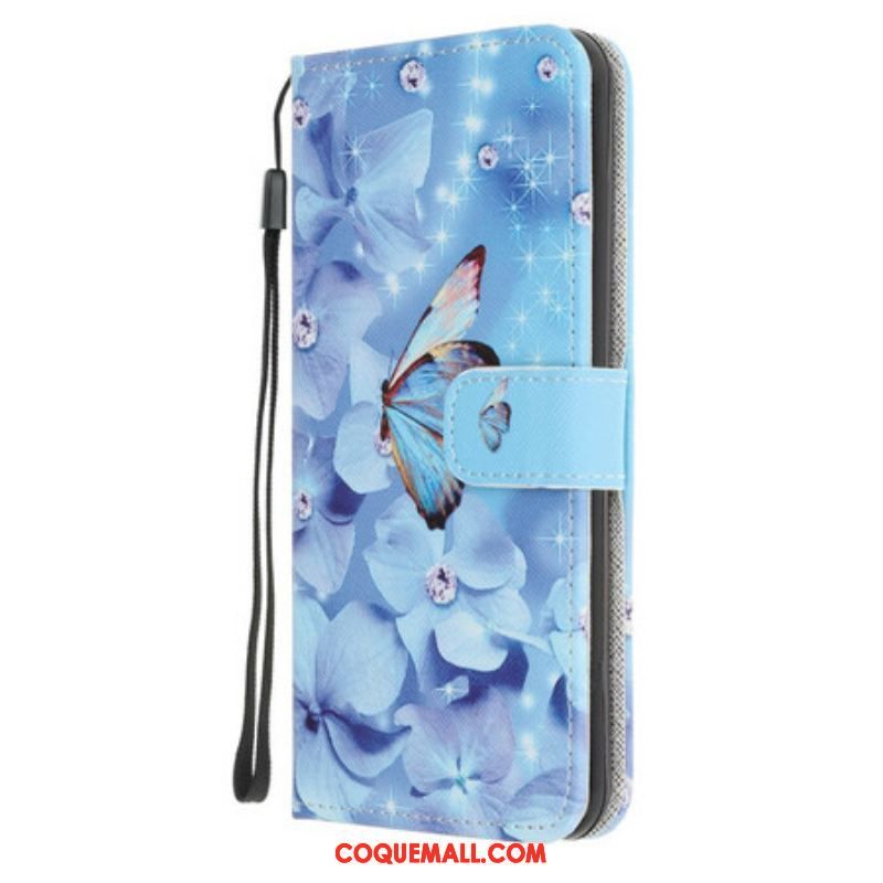 Housse iPhone 13 Mini Papillons Diamants à Lanière