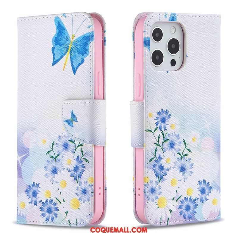 Housse iPhone 13 Pro Max Papillons et Fleurs Peints