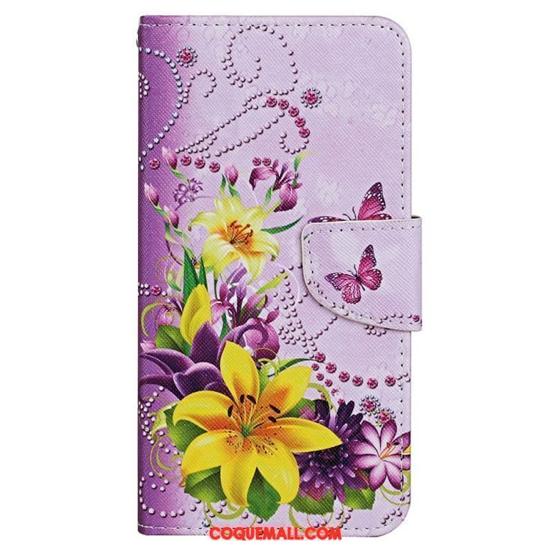 Housse iPhone 15 Papillons et Fleurs à Lanière