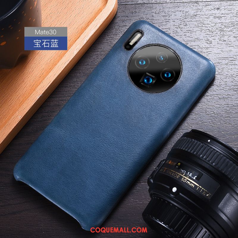 Étui Huawei Mate 30 Business Cuir Véritable Bleu, Coque Huawei Mate 30 En Cuir Luxe