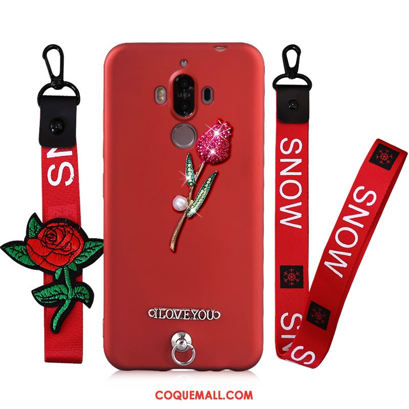 Étui Huawei Mate 9 Incruster Strass Cou Suspendu Téléphone Portable, Coque Huawei Mate 9 Rouge Ornements Suspendus