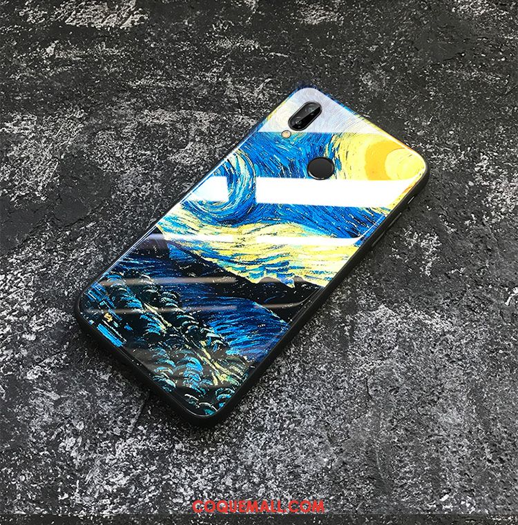 Étui Huawei Nova 3e Verre Silicone Vintage, Coque Huawei Nova 3e Bleu Marin Ciel Étoilé Beige Farbe