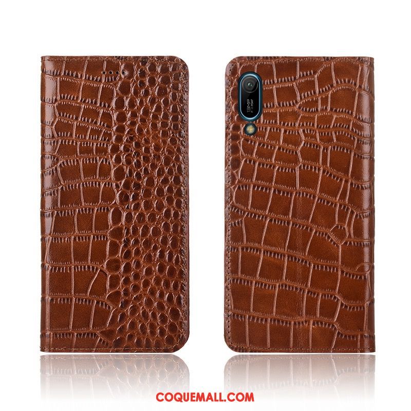 Étui Huawei Y6 2019 Téléphone Portable Protection Crocodile, Coque Huawei Y6 2019 Cuir Véritable Fluide Doux Braun