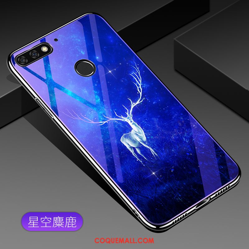 Étui Huawei Y7 2018 Bleu Protection Placage, Coque Huawei Y7 2018 Verre Trempé Téléphone Portable
