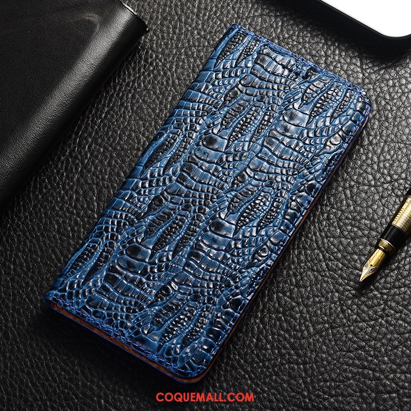 Étui Moto G8 Cuir Véritable Protection Bleu, Coque Moto G8 Crocodile Téléphone Portable