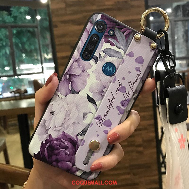 Étui Moto G8 Power Violet Fleur Support, Coque Moto G8 Power Protection Ornements Suspendus