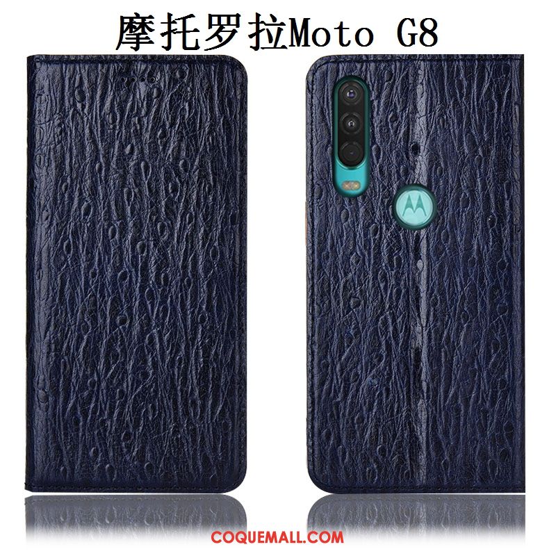 Étui Moto G8 Tout Compris Cuir Véritable Oiseau, Coque Moto G8 Bleu Marin Protection