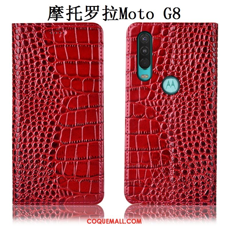 Étui Moto G8 Tout Compris Rouge Téléphone Portable, Coque Moto G8 Cuir Véritable Incassable